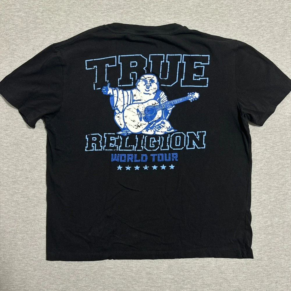 True Religion Buddha World Tour Graphic Tee Mens Size XL Black Horseshoe Logo